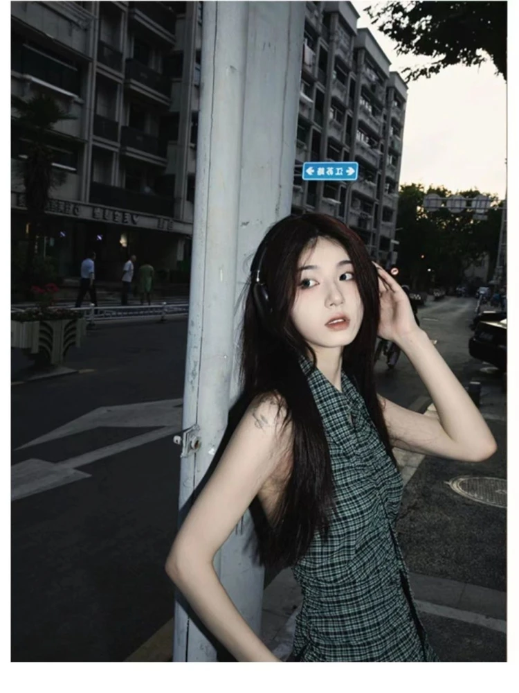 

Женская рубашка в клетку с лямкой на шее в стиле ретро Y2k, лето 2022, верхняя одежда без рукавов, облегающий укороченный топ, уличная модная блузка складная блузка 2017-2018 ساス