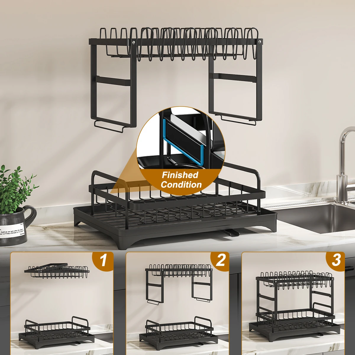 C4 Tier Dish Drying Rack with Utensil Holder, Metal, Large Capacity, 360° Rotating Drainage Tube, Kitchen Dish Rack Organizer