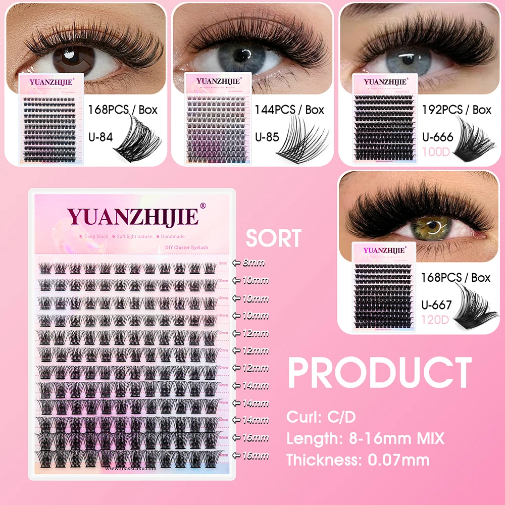 Customized Private Label 8-16mm Mix Size Natural Looks Segmented Hybrid Lashes Fast Grafting DIY Clusters Eyelash by YUANZHIJIE