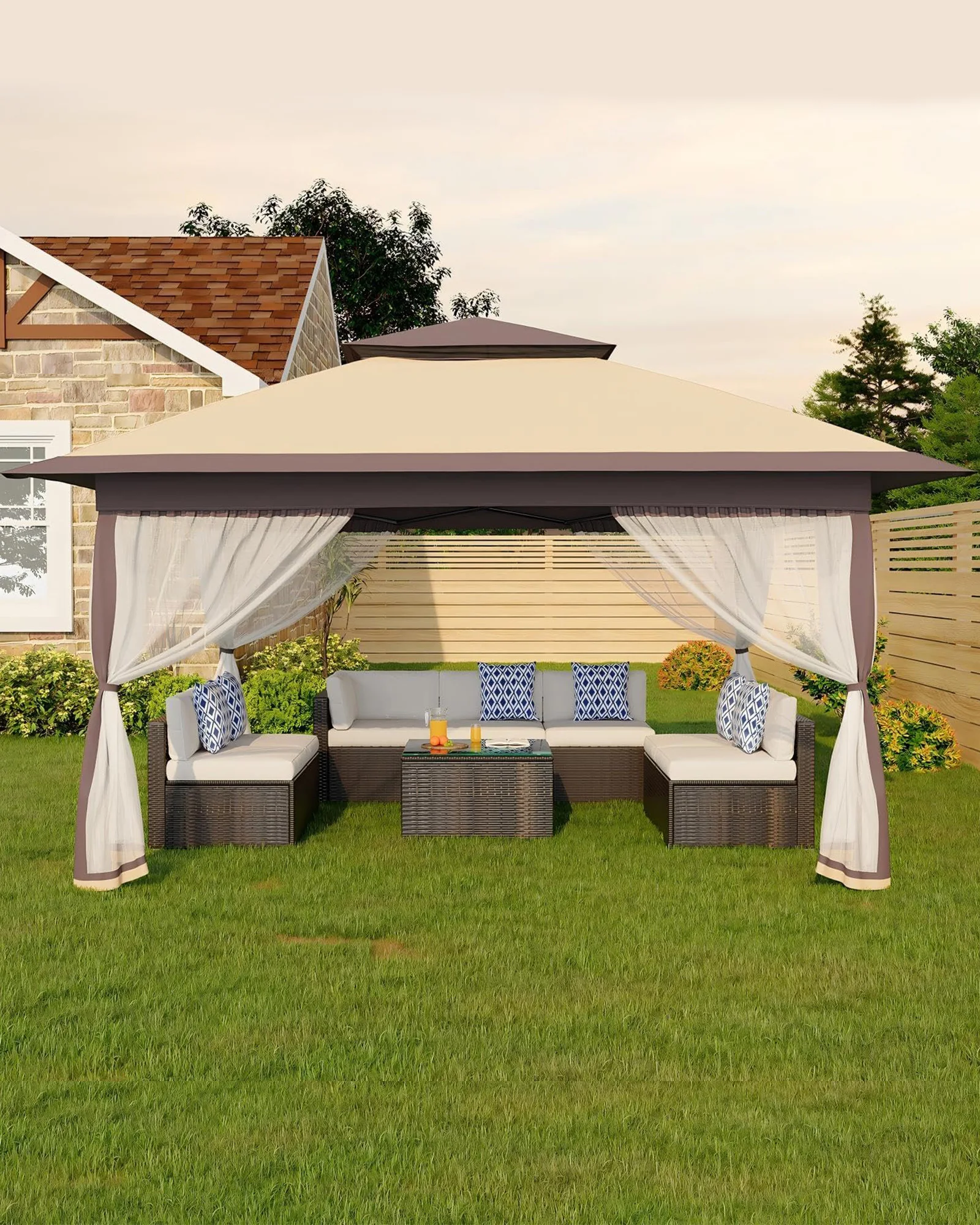 Carpa de jardín impermeable de 3x3 m, tipo gazebo, con montaje rápido, mosquitera y bolsas de arena para fiestas de barbacoa al aire libre.