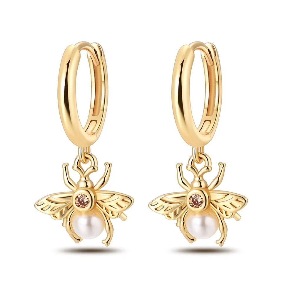 2024 New Elegant 925 Sterling Silver Gold Spread Wings Bee White Pearl Earrings For Women\'s Garden Play DIY Jewelry Accessories