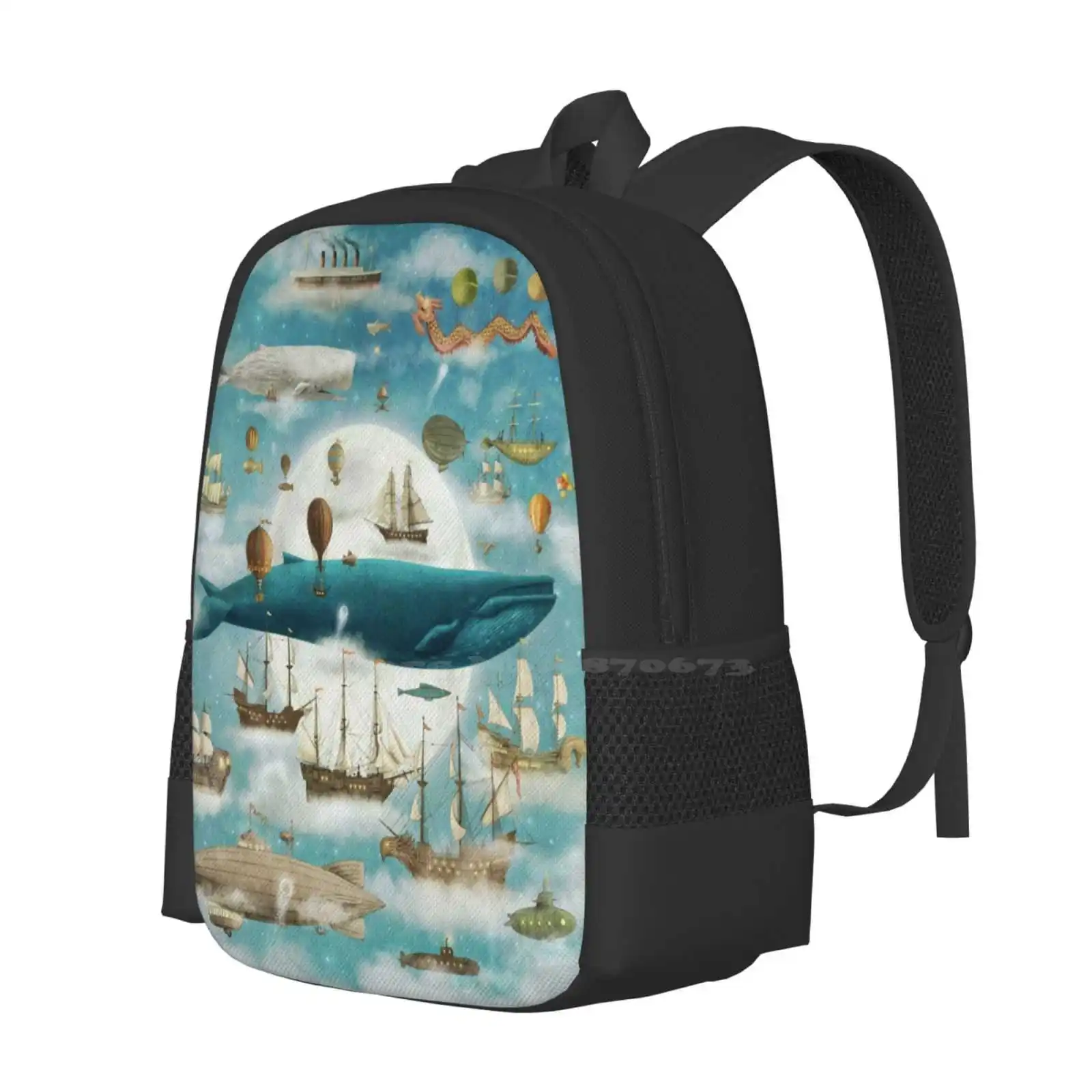 Ocean Meets Sky - Book Pattern Design Bagpack School Bags Bluewhale Blue Whale Tallships Moon Night Fantasy Oceanmeetssky Ocean