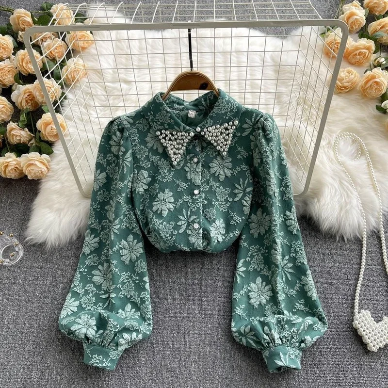 Shirts Women Pearl Appliques Retro Classic Elegant Fashion Cozy Streetwear Office Lady Korean Style Prevalent Spring New Рубашки