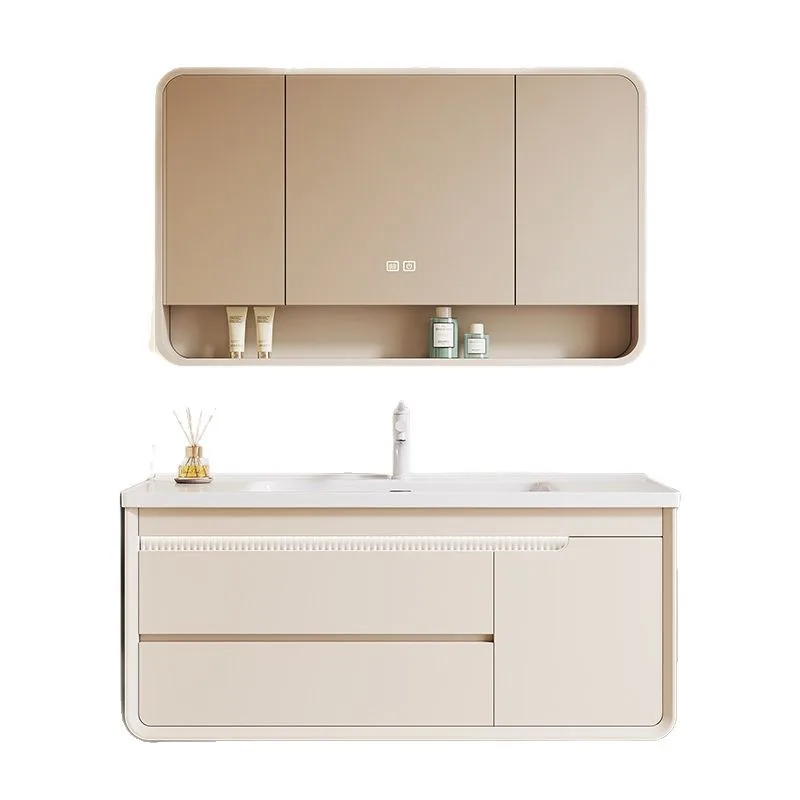 

Cream wind bathroom cabinet oak ceramic integrated basin toilet arc washstand side open storage