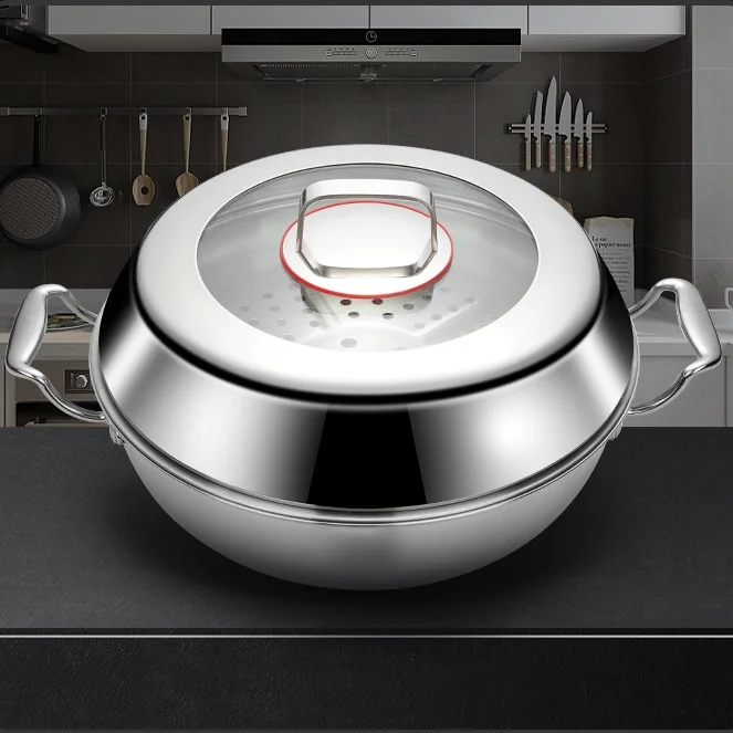 316 Stainless Steel Steamer Pot with Glass Lid & 2 Handles, 3-Ply Bottom Multi-Function Cooking Pot for Soup, Diameter 32cm