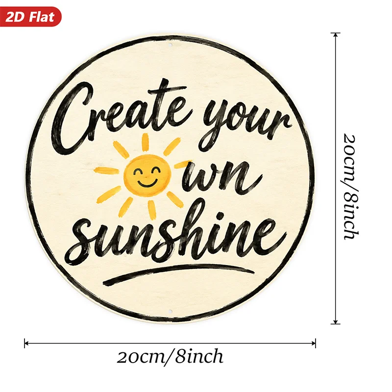 2D Flat, 1pc Sunshine Quote Round Metal Sign Wall Art, Smiling Sun Illustration, Home Decor, Yellow Sun Rays, Perfect for Kitche
