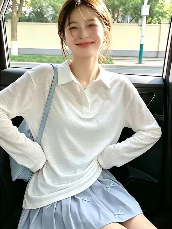 White Long Sleeve  Shirt Women's Early Spring Design Cotton Snowflake Fashionable Youthful Shoulder Appropriate T-Shirt