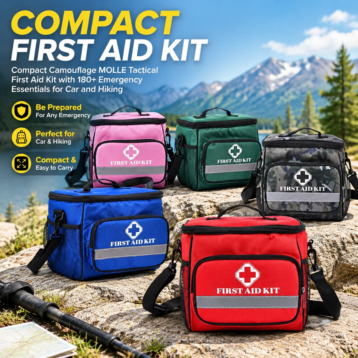 Compact Camouflage MOLLE Tactical First Aid Kit with 180+ Emergency Essentials for Car and Hiking