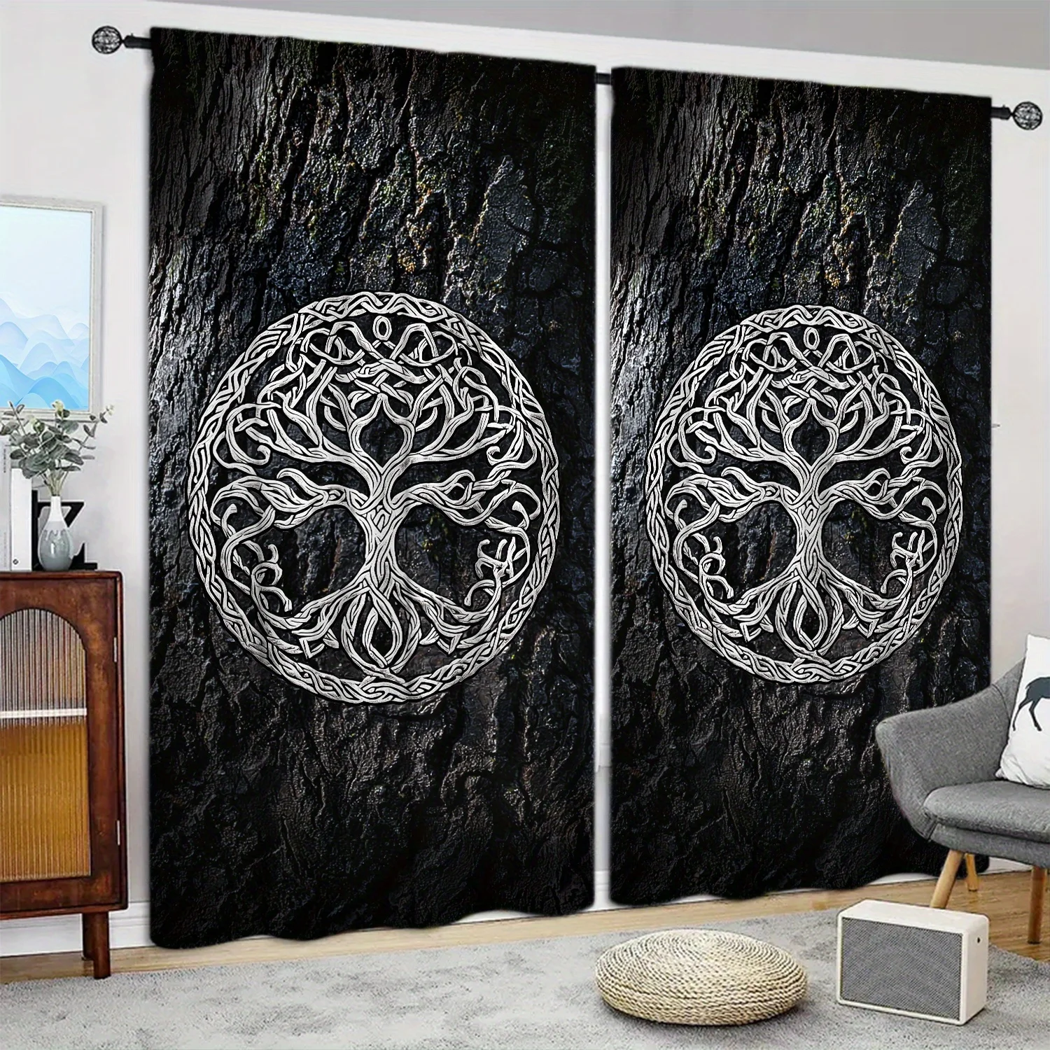 Tree of Life Art Rod Pocket Window Curtains - Modern Botanical Spiritual Room Decor for Bedroom Living Room Set of 2 Panels