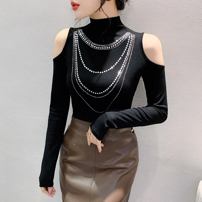 

2024 New Fall Winter Korean Clothes T-Shirt Chic Sexy Off Shoulder Turtleneck Shiny Diamonds Women Tops Long Sleeve Tees 311067