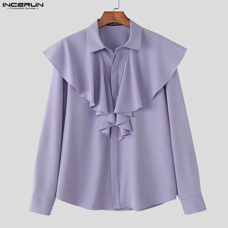 INCERUN قميص رجالي بلون واحد مكشكش وطية صدر السترة وأكمام طويلة ملابس رجالية غير رسمية ملابس خروج فضفاضة أنيقة ملابس علوية للرجال قمصان #4