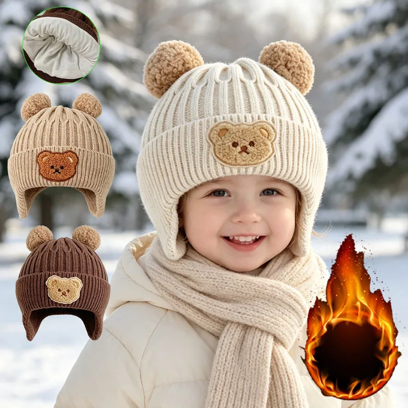 1-10PCS Baby Bear Ears Knit Beanie Hat Soft Warm Winter Cap for Infant Toddler Boys Girls Cute Earflap Hat Cold Weather
