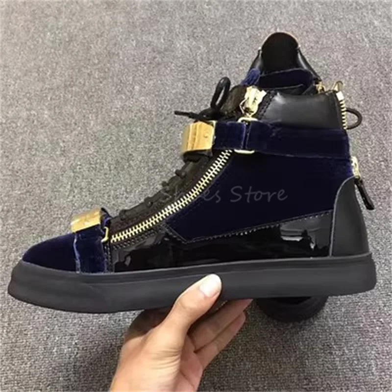 

High Top Lace Up Men's Shoes Velvet Double Gold Diamond Buckle Cowhide Shoes Men's and Women's Shoes for Couples Size36-46