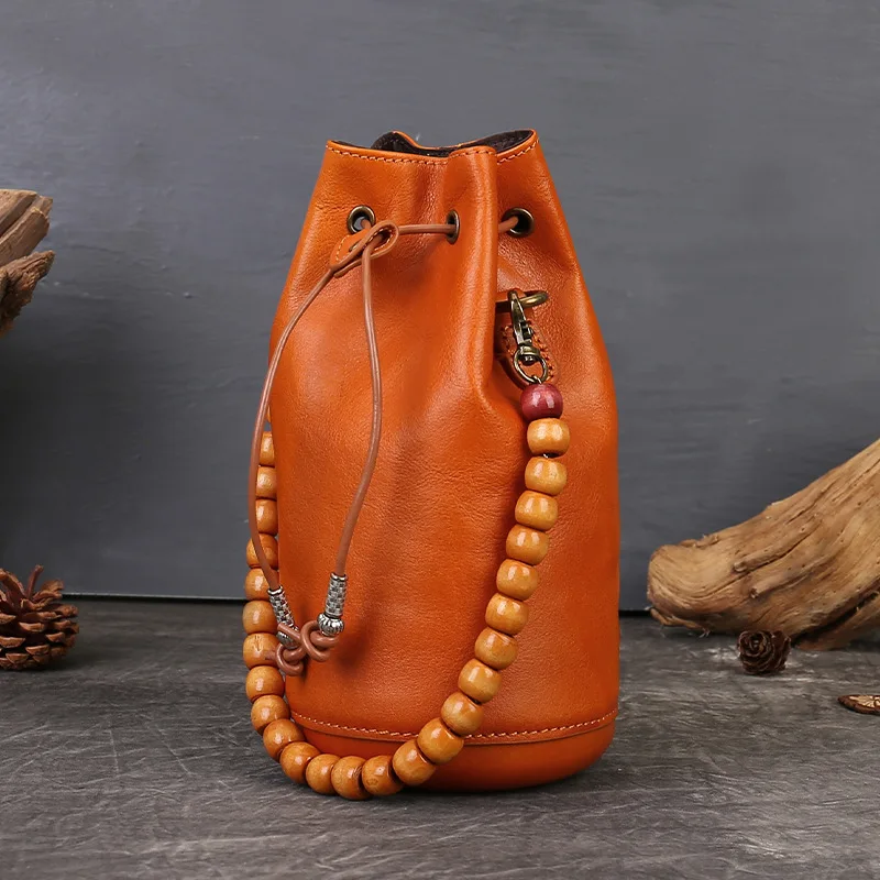 YETTIES Women's Vintage Vegetable Tanned Leather Drawstring Bucket Bag | Handmade Mini Crossbody Shoulder Purse with Top Handle