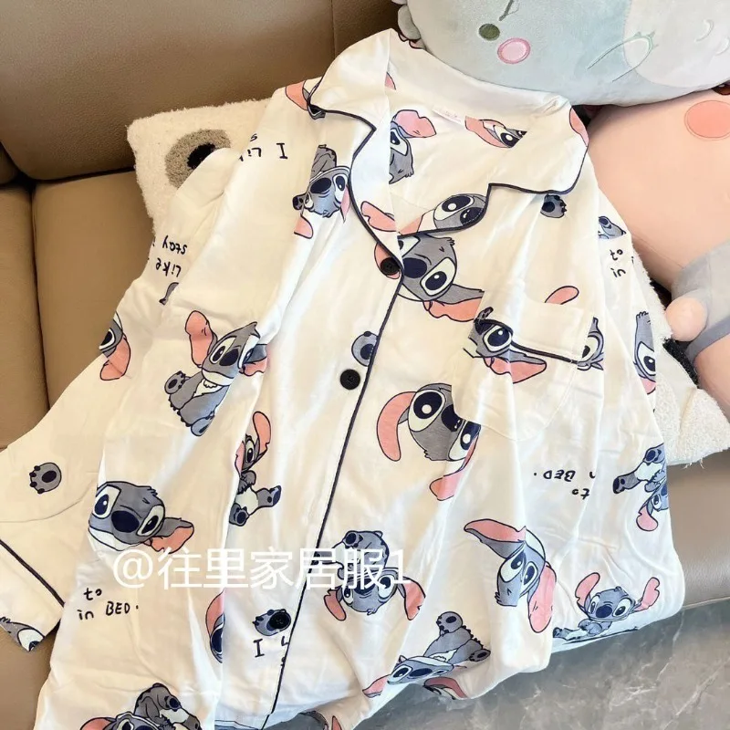 Anime Lilo & Stitch Cute Ins Loose Cardigan Long-sleeved Home Clothes Set Comfortable Pajamas for Boys and Girls Couples