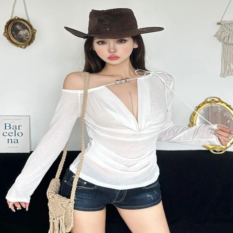 

Модные женские топы в стиле кавайи: летняя футболка с длинным рукавом, вырезом на шее, бисером и завязками, облегающий крой, сексуальный летний топ