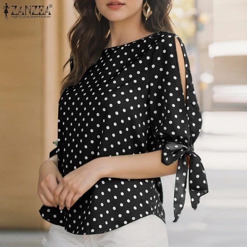 ZANZEA Damenmode Polka Dot Blusen O-Ausschnitt Gebundene Schlitzmanschetten Halbarm Elegante Tops Sommer Casual Alltagskleidung Blusas Mujer – Detail 8