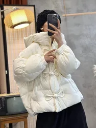 Winter Hooded Down Coat Women's New Large Plate Button Style Casual Loose Down Jacket Thick Warm Solid Color Long Sleeve Coat