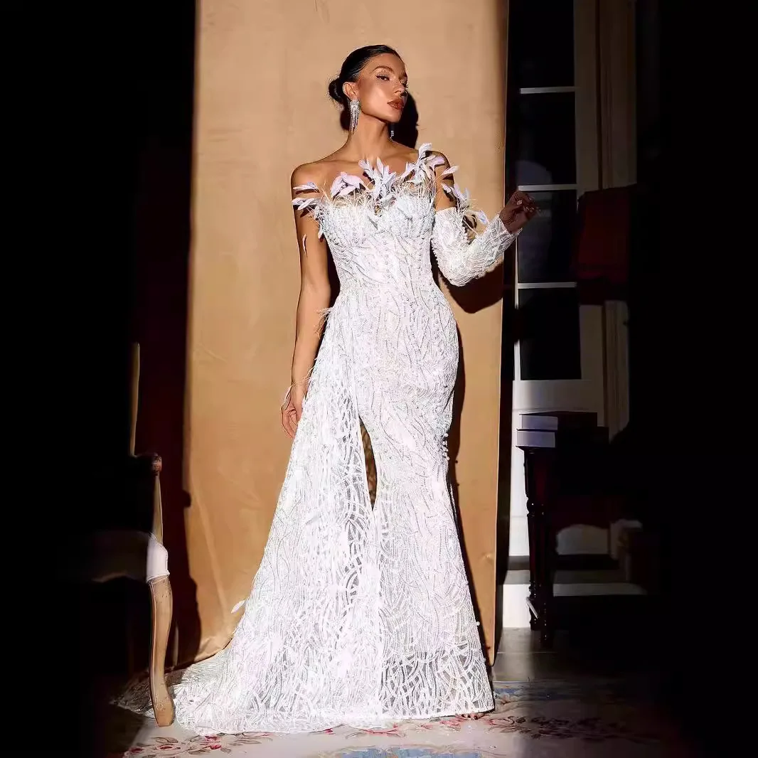 

Luxury Women's Strapless One-Sleeve Evening Gown Feather Embellishment Beading Patchwork Ribbon Elegant Formal Party Dress