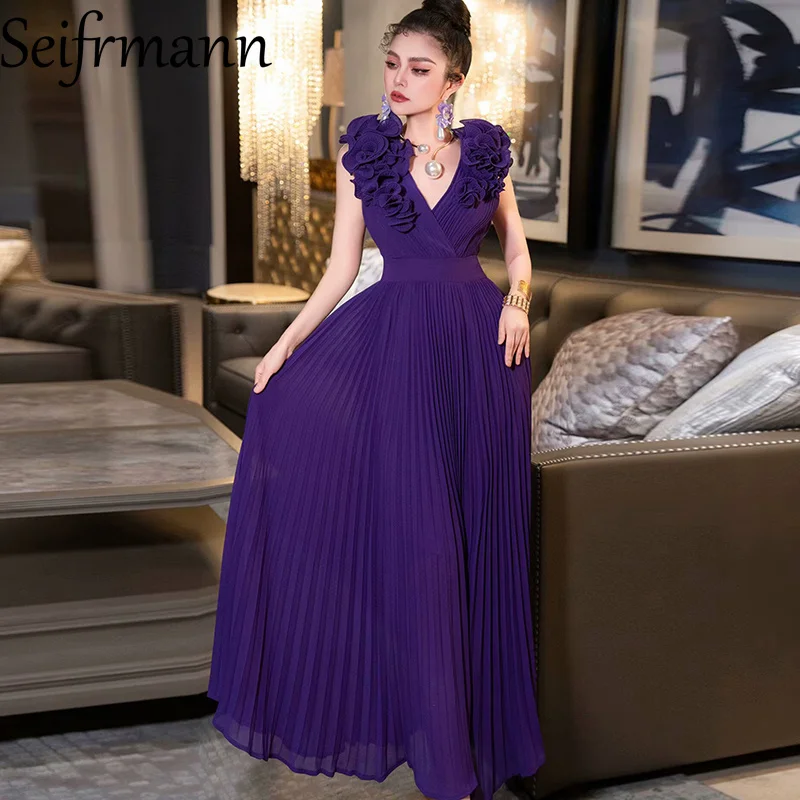 Seifrmann ソリッドノースリーブアップリケロングドレス V ネックハイウエストプリーツデザイン女性のパーティーイブニングドレス