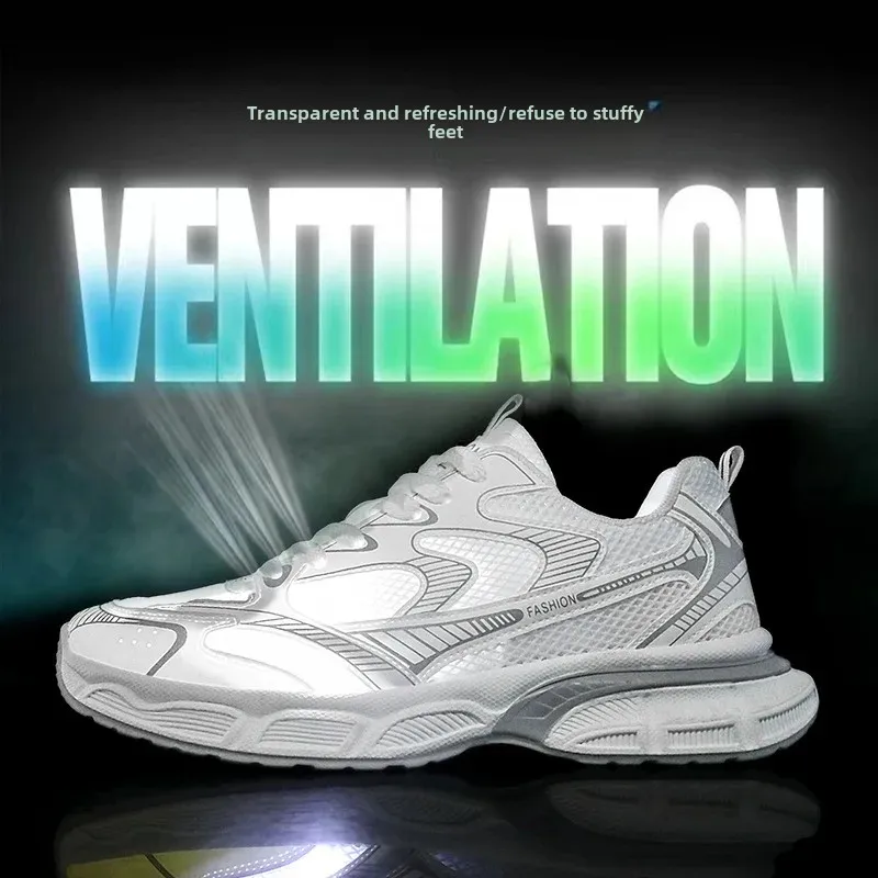 خريف جديد أحذية رجالية فضية أحذية رياضية كاجوال مع شبكة احذية الجري تنفس مع نعل سميك للرياضة والجري