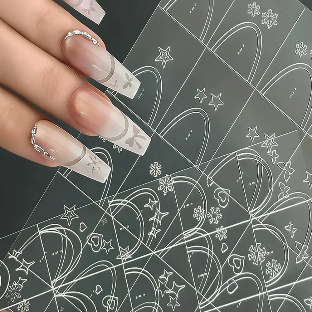 1pcs 3D 2in1 Hollowed French Stickers Transparent Stars/snowflakes/bows French Line Nail Decals  For DIY Halo Dyeing Nail Decor