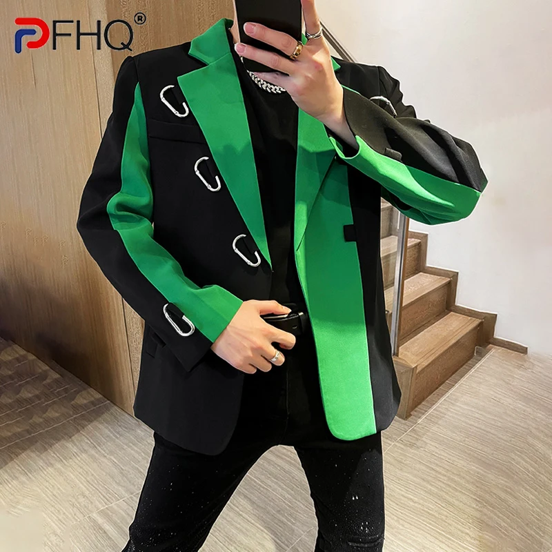 PFHQ Stylish 2023 New Color Contrast Patchwork Design Men\'s Casual Blazer Coat High Quality Elegant Luxury Trendy Suit Jackets