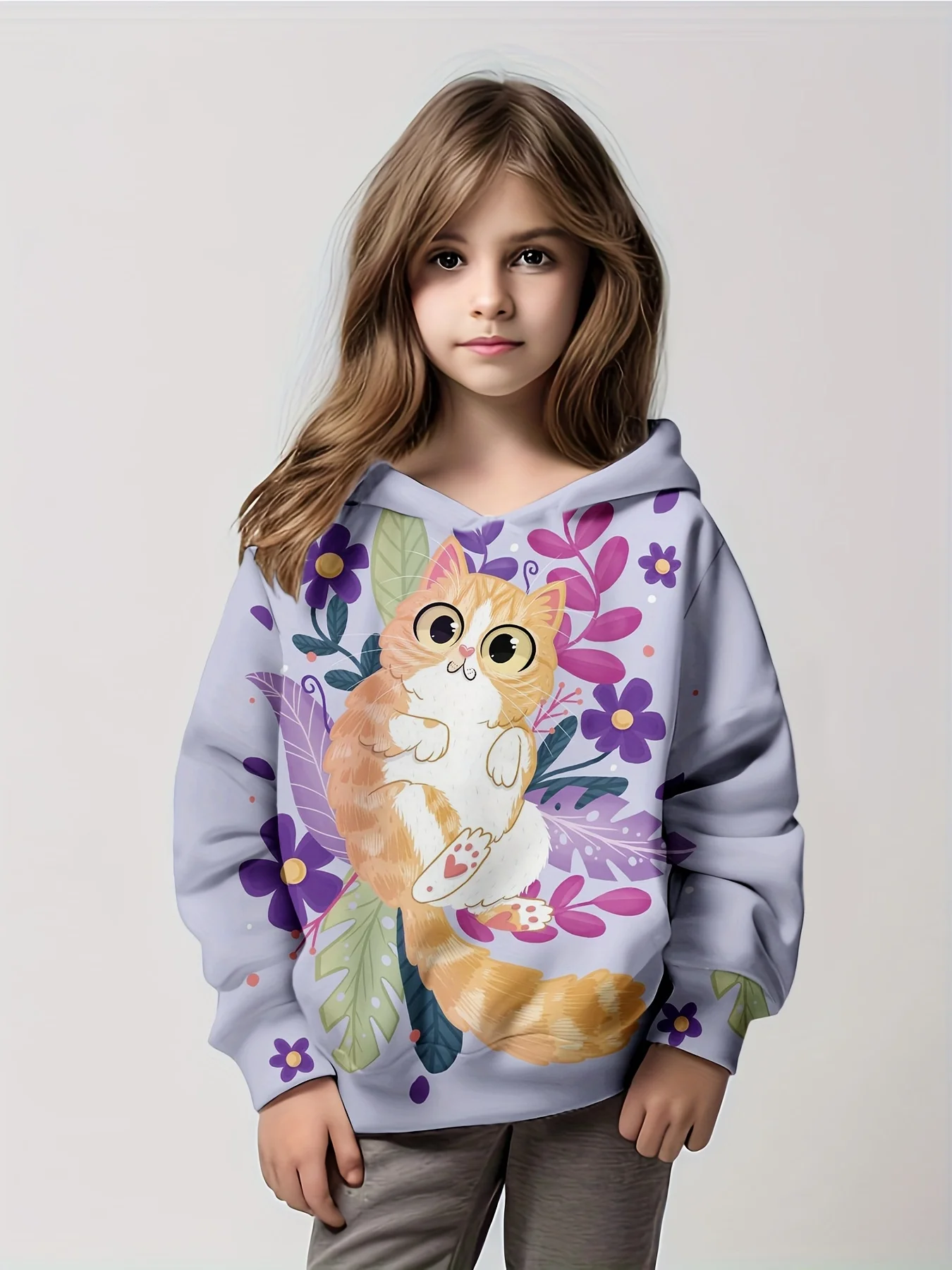 

Cute kitten flower print girl boy hooded sweatshirt, elastic and comfortable long sleeved pullover suitable for teenagers