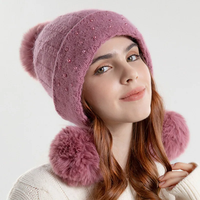 

New Winter Women's Hat Fluff thickening Warm Beanies Pearl Lovely Knitted Hats For Women Cold Proof Earmuffs Caps Free Shipping