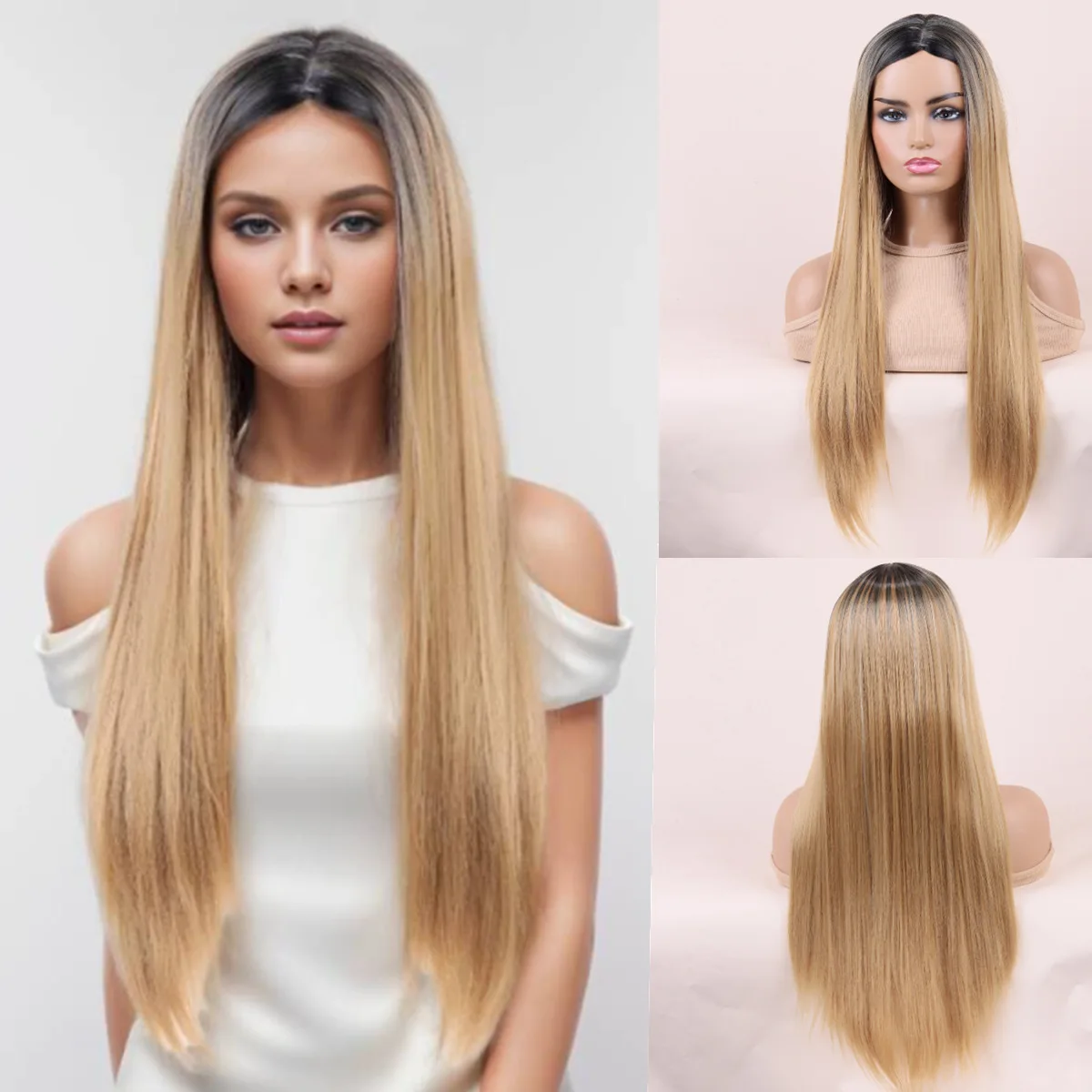 

Black Root Wig, Women's Synthetic Straight Hair Full Head Wig, Middle Parted Long Straight Hair, Golden Color Full Head Wig