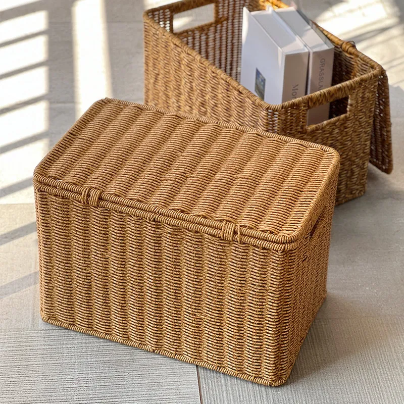 Premium Sturdy Large Wicker-Style Storage Basket with Lid, Foldable Toy & Clothes Organizer, Car Trunk Crate for Home, Versatile