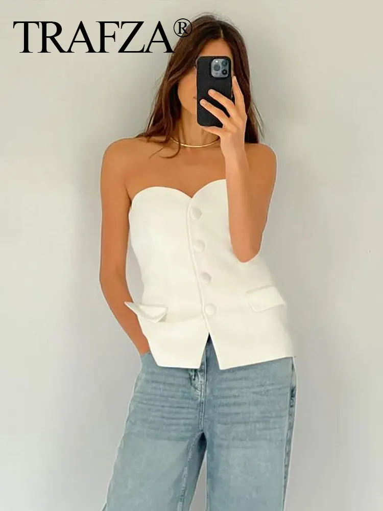 TRAFZA 2024 Fashion Solid Tube Tops For Women Sleeveless Off Shoulder Casual With Buttons Tube Summer Causal Office Lady Tops