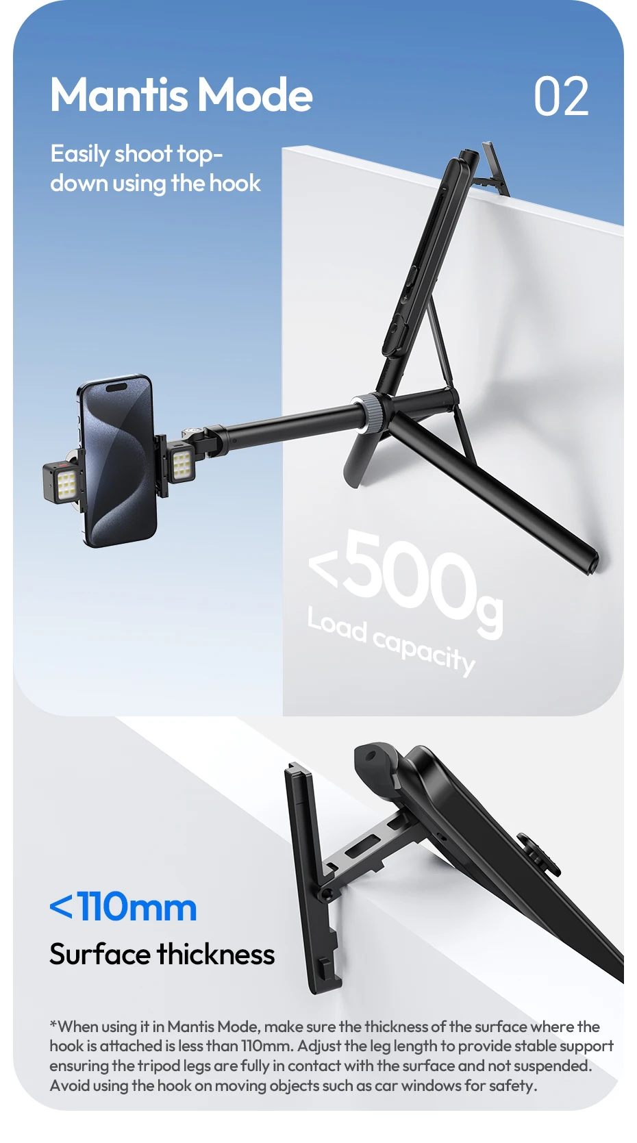 Ulanzi TT88 Overhead-Selfie-Stick 1,44 m mit MagSafe-Klemme, Fotografie-Stativ für Smartphone-Livestreaming und Vlogging mit Fernbedienung, Dual Cold Shoe, Fernbedienungslicht, Desktop-Aufnahme, Mantis-Halterung – Detail 26