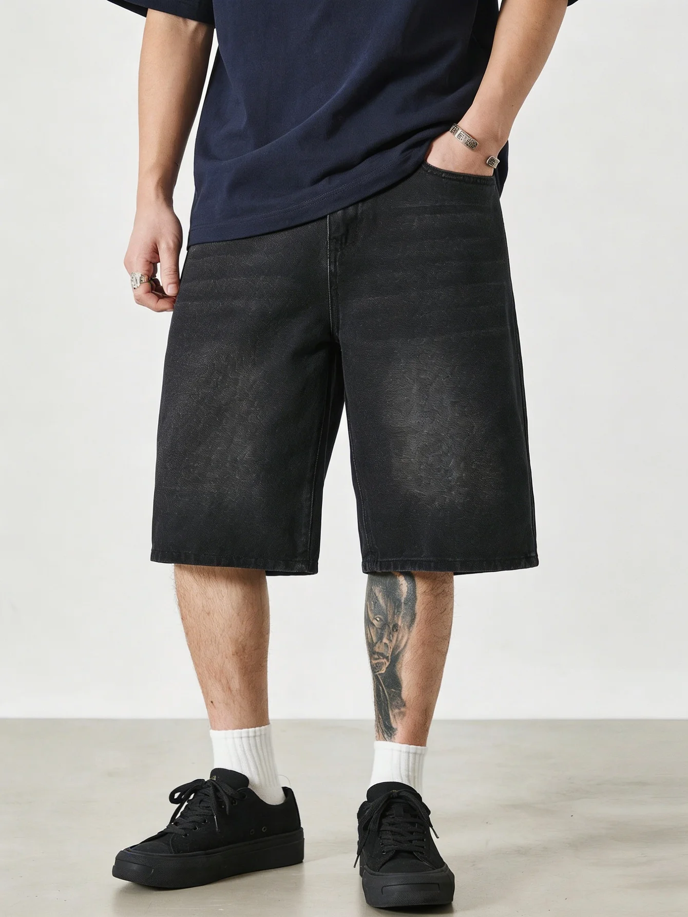 

Loose black non stretch denim jorts for men casual daily street style solid color comfy straight leg short pants