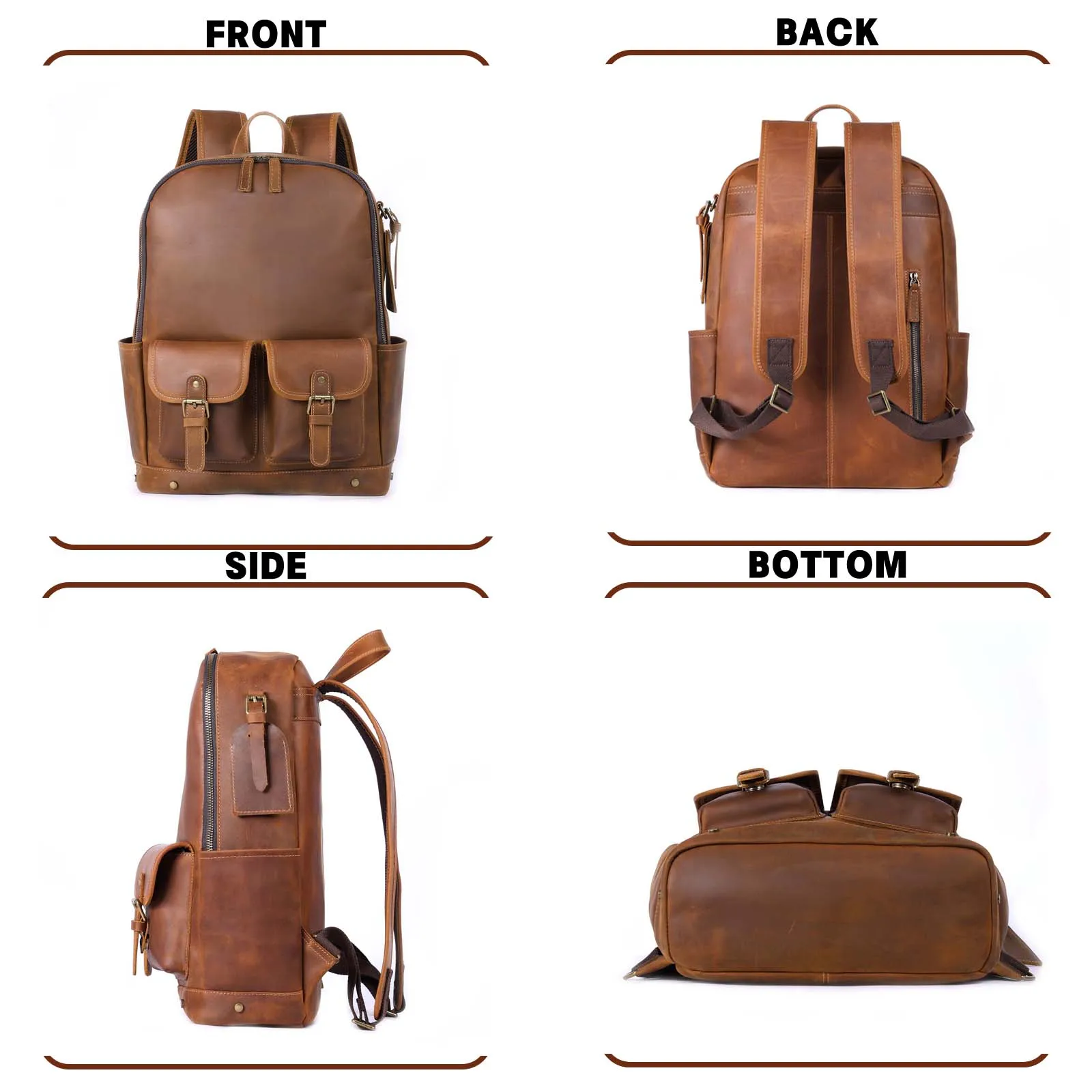 S.WORKER Vintage Echtleder-Rucksack 16" Laptop-Tasche Lässige Crazy-Horse-Leder-Schultasche Outdoor-Reise-Weekender-Tasche – Detail 6