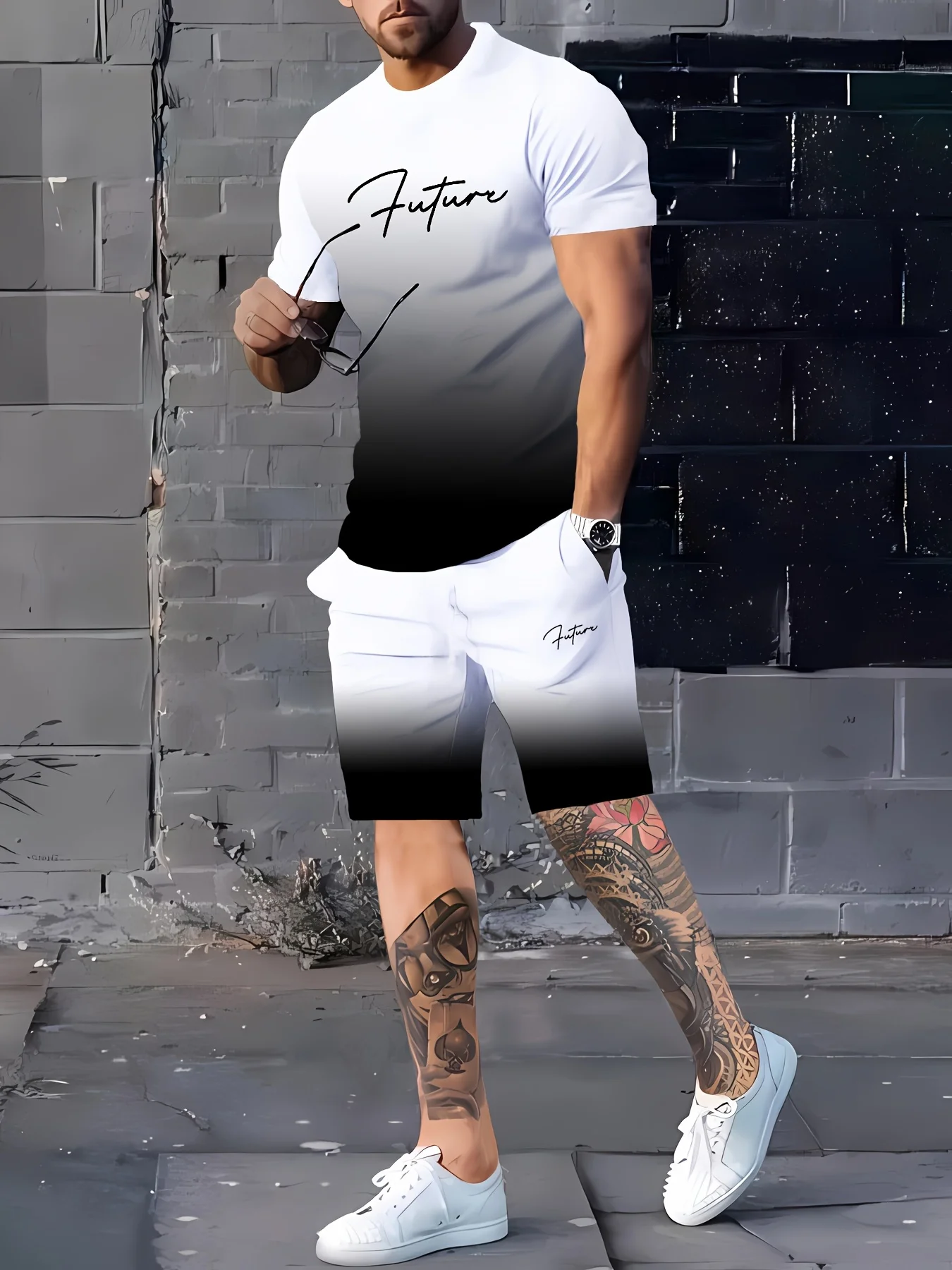 

2025 Summer New Fashion Contrast T-shirt Shorts Set Oversized Loose Men's Short Sleeve Top Drawstring Pocket Shorts 2-piece Set