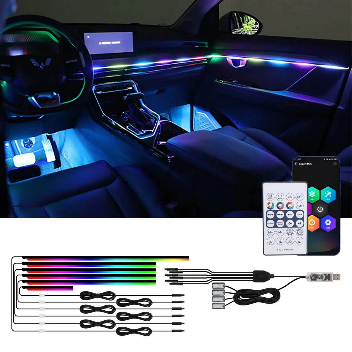 KEVANLY Universal RGB Car Ambient Lights 10 in 1 Footwell Atmosphere Lamps USB APP Remote Cigar Lighter for Tesla Model 3 Y S X