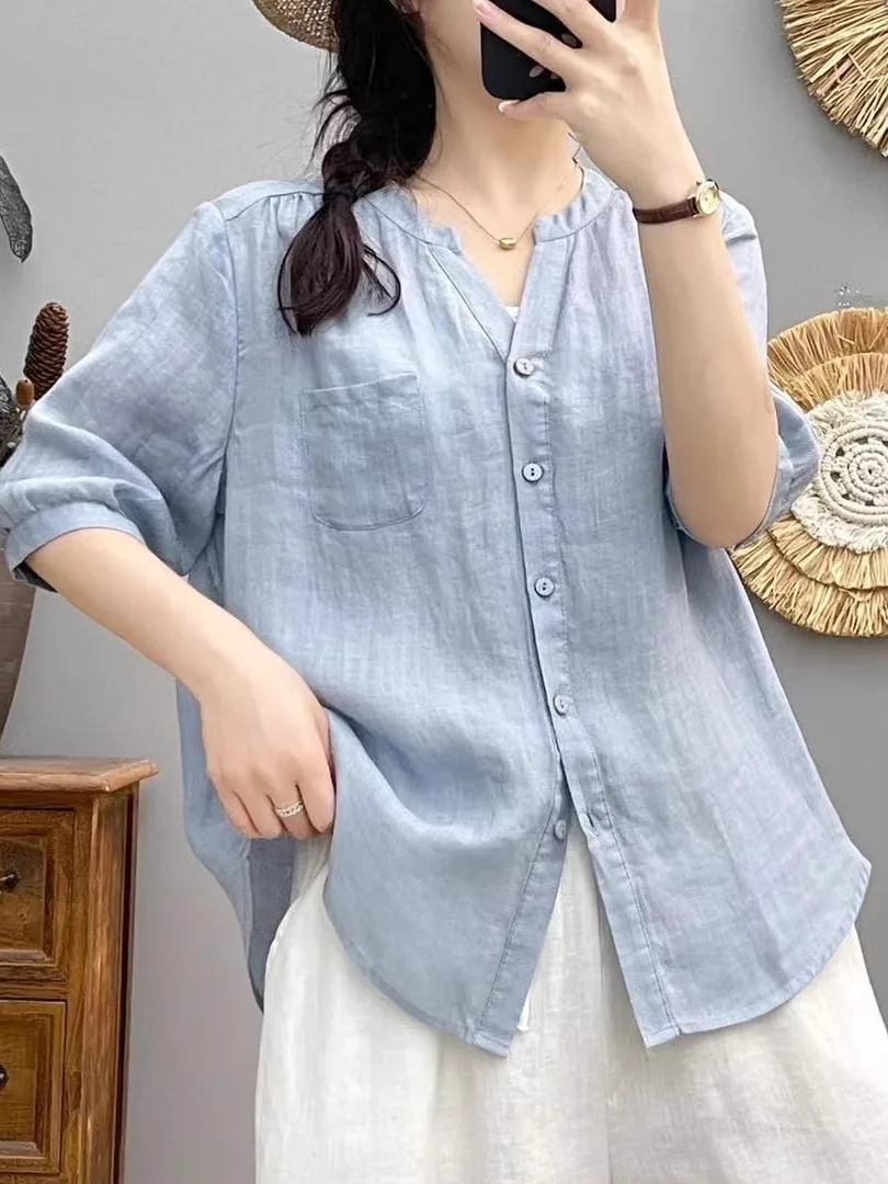 

Летний тонкий хлопковый льняной женский irt 2025, новый многоцветный коврик с v-образным вырезом, художественный льняной топ Personali