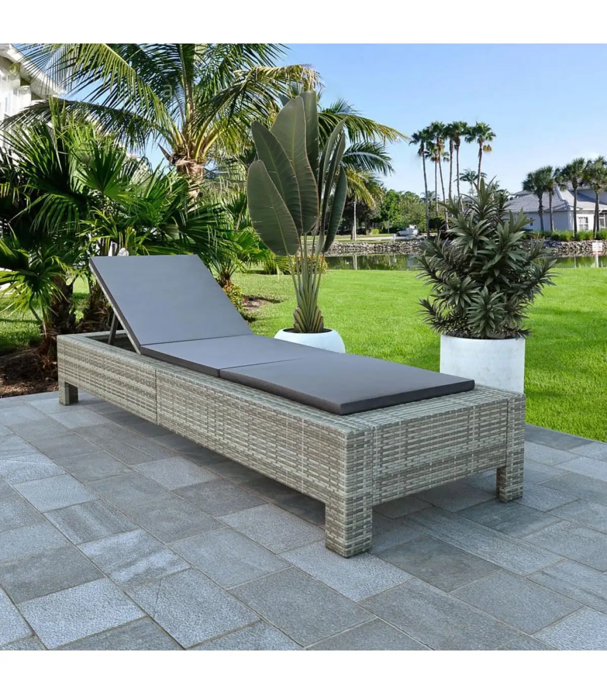 Gray synthetic rattan cushion loungers