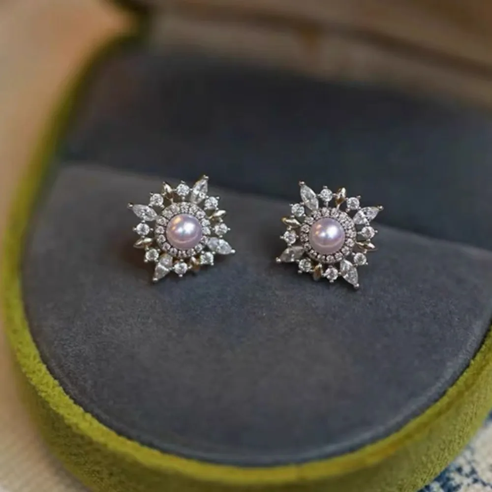 Elegant Pearl Bling Diamonds Little Stars Stud Earrings Woman Girl White Gold Filled Sterling Silver Vintage French Jewelry Gift 2