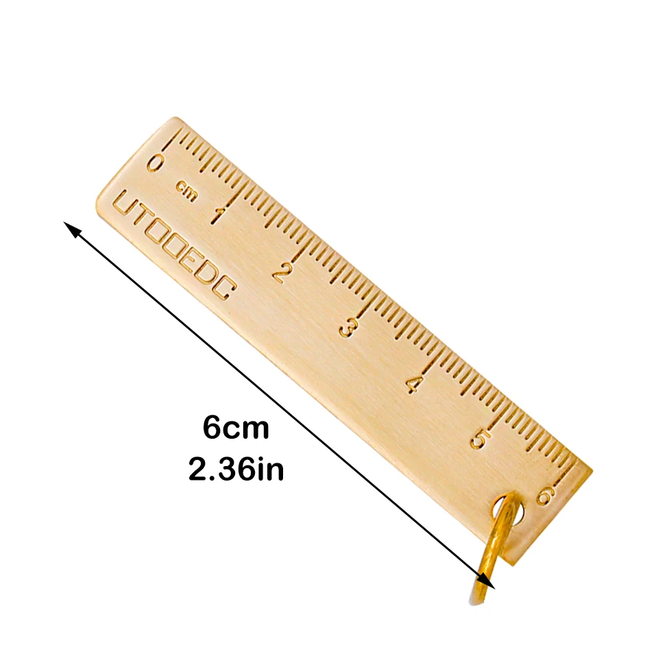 Fniiva 1Pc 6cm Copper Straight Ruler Measuring Tool Mini Metal Ruler Bookmark with Simple Keychain Pendant for Office School