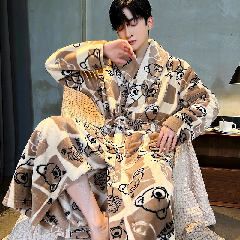 

Thiened Flannel Spwear Robe Casual Men's Winter Pajamas Home Clothes Coral Fce Luxury Sle Long Length Polyester Fiber