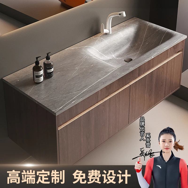 Rock slab hot bending integrated basin, solid wood bathroom cabinet, combined toilet, washbasin, washbasin, bathroom