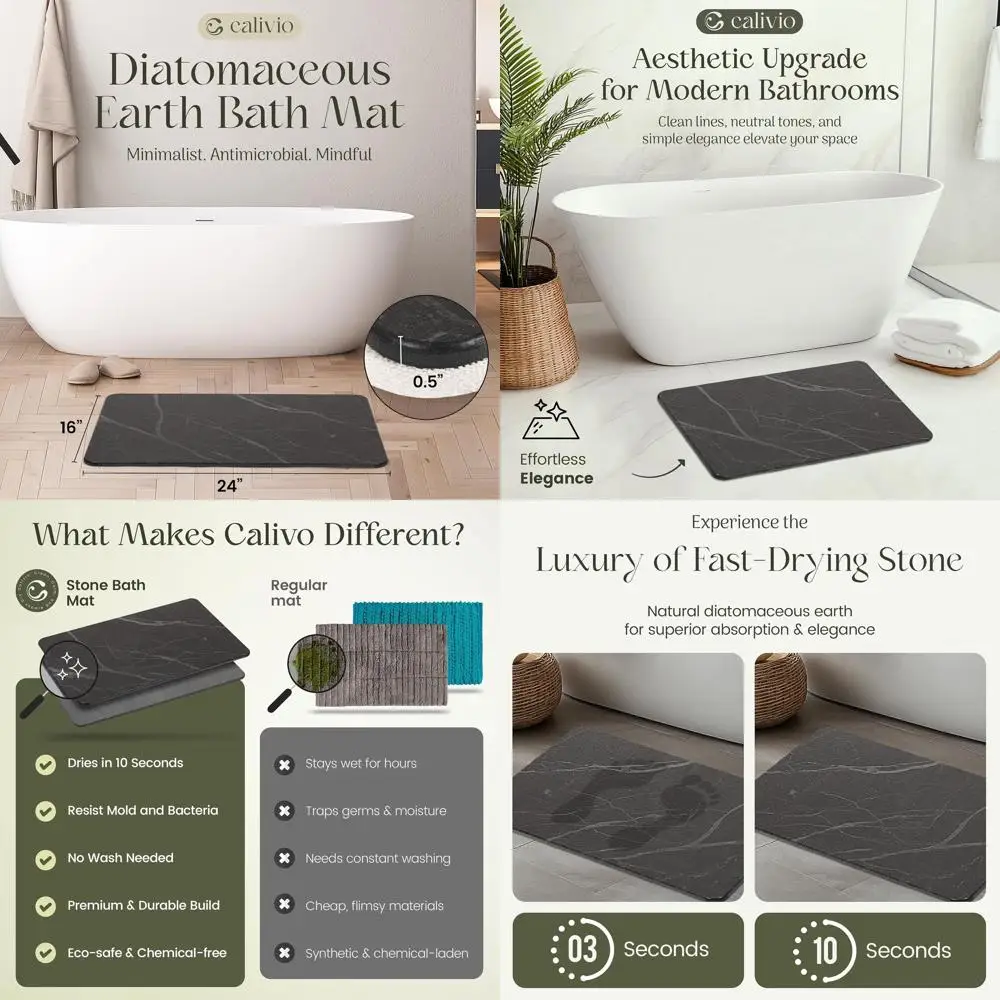 

Durable Diatomaceous Earth Bath Mat, 24x16 Inch, Super Absorbent, Non-Slip, Easy to Clean, Dark Gray