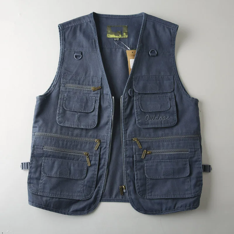 American Retro Multi Pocket Vest For Men Casual Safari Style V-neck Sleeveless Jacket Cargo Style Letter Embroidered Vest Coat