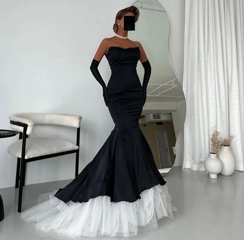 2023 Black Mermaid Prom Dress Strapless Ruffles Satin Tulle Pageant Wear Outfit Graduation Gala Gown Robe De Soiree