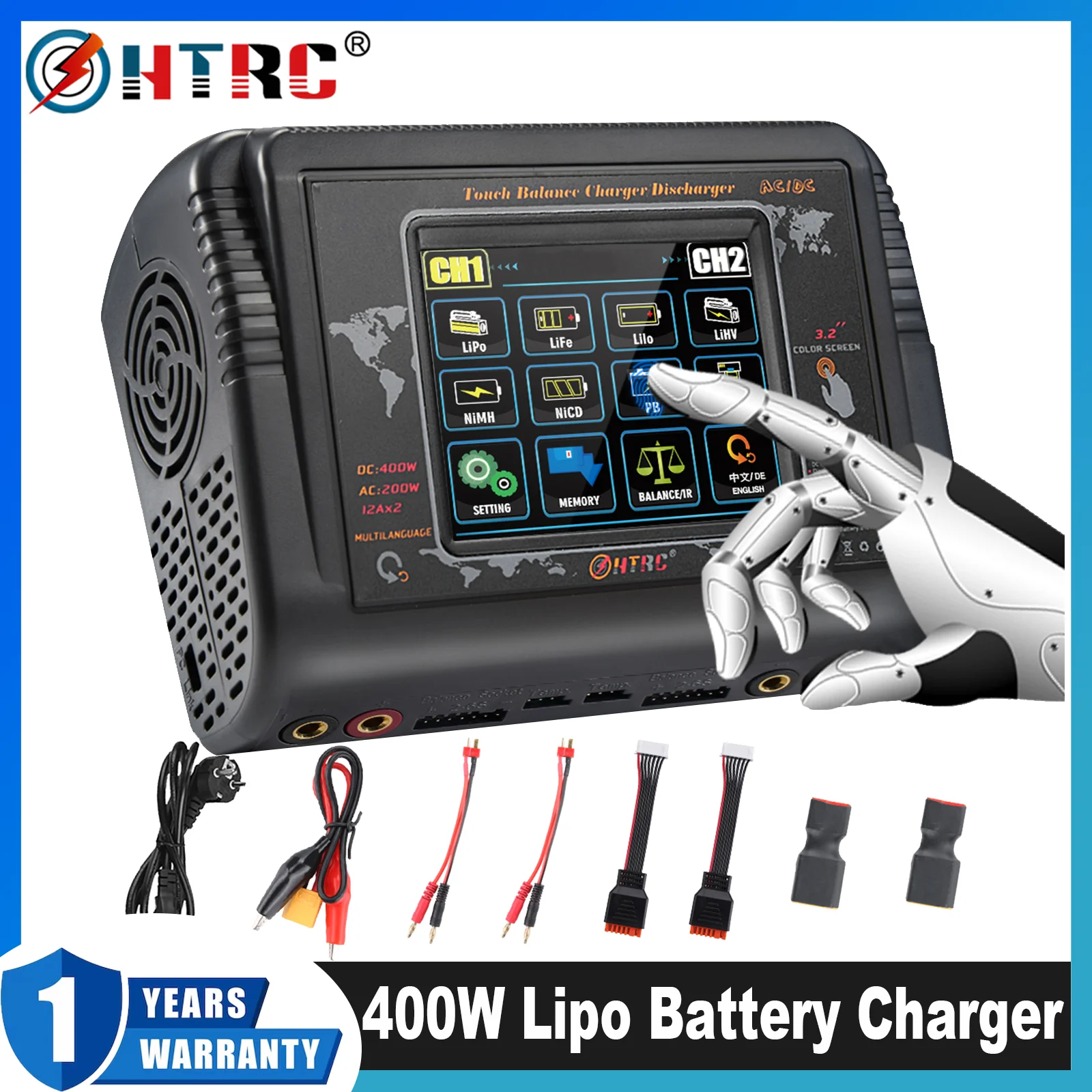 

HTRC New 400W Lipo Battery Charger DC 400W AC 200W RC Dual Charger Discharger For LiHV LiFe Li-lon NiCd NiMh Pb LiPo Battery
