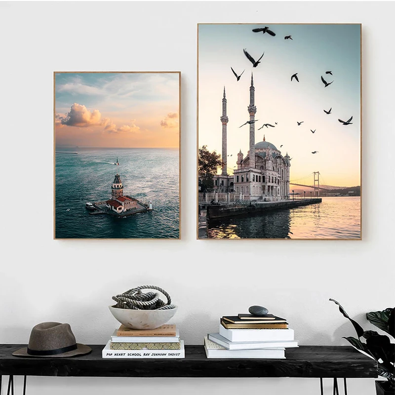 Istanbul Turkey Maiden's Tower Poster Ortakoy Mosque Sunrise Landscape Canvas Painting and Prints Wall Art Picture Bedroom Decor