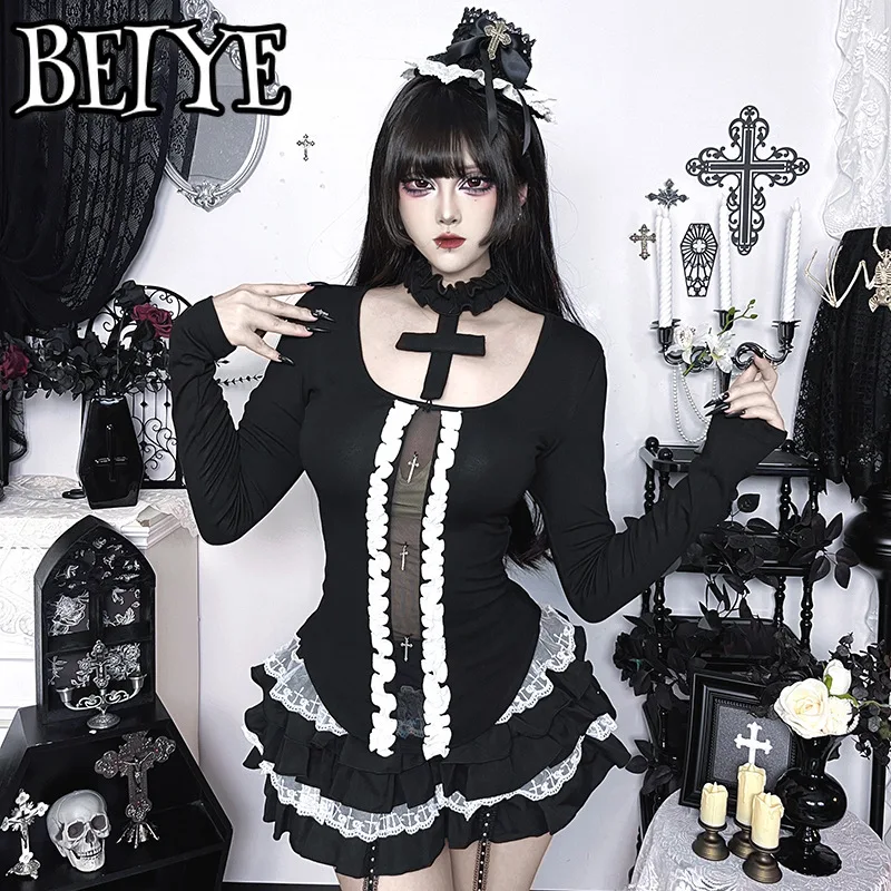 

Japanese Sexy Dark Gothic Y2K Cross T-shirt Women's O-Neck Cutout Long-sleeve Slim-fit Top Vintage Harajuku Subculture Top Lady
