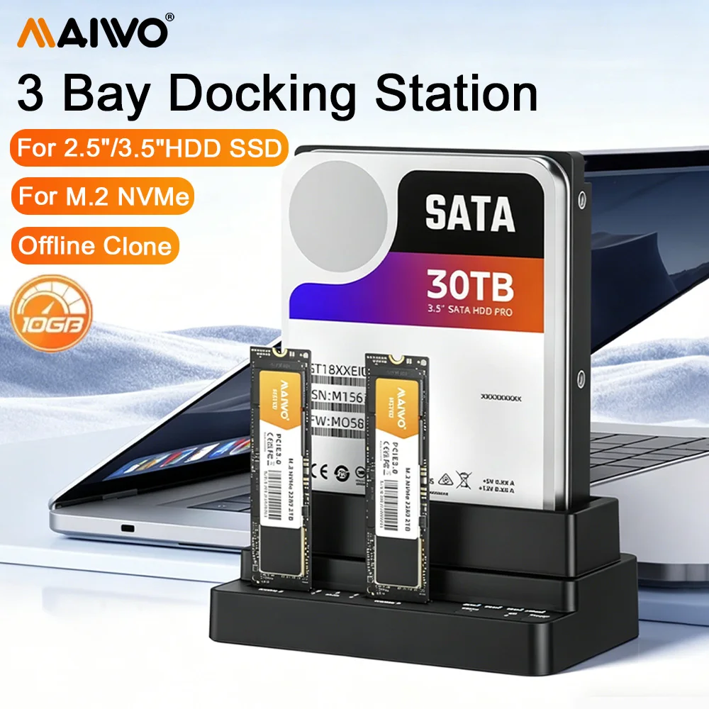 MAIWO 3 Bay M.2 NVME SSD Docking Station & 2.5 3.5 Inch SATA HDD Enclosure Offline Clone 10Gbps Support 30TB/8TB Adapter for PC